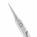 Close-up of precision cuticle scissors with a fine pointed stainless steel blade on a light gray background