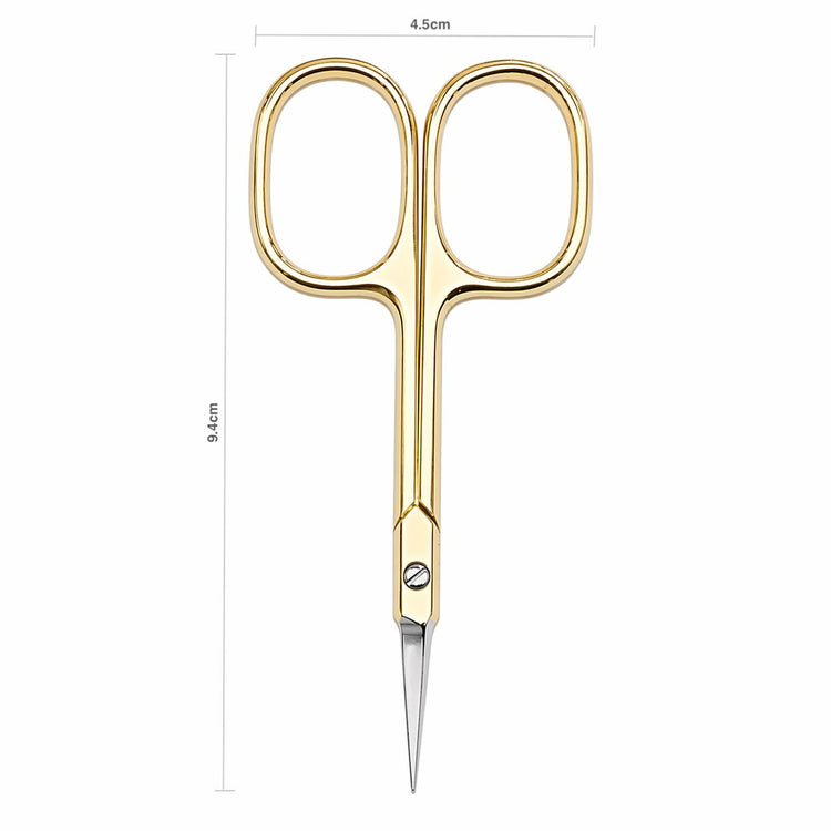 Gold precision cuticle scissors with size measurements shown, 9.4 cm tall and 4.5 cm wide