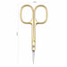 Gold precision cuticle scissors with size measurements shown, 9.4 cm tall and 4.5 cm wide