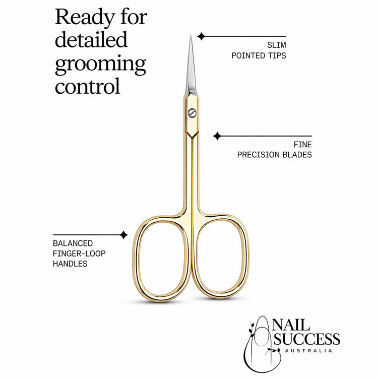 Infographic of gold precision cuticle scissors with callouts highlighting slim pointed tips, fine precision blades, and balanced finger-loop handles