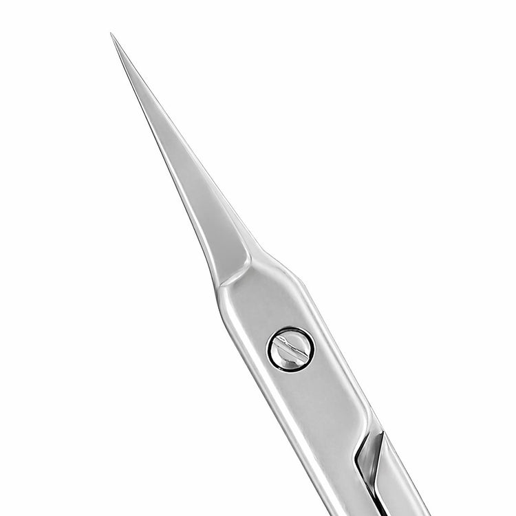Close-up of precision cuticle scissors with a fine pointed stainless steel blade on a light gray background