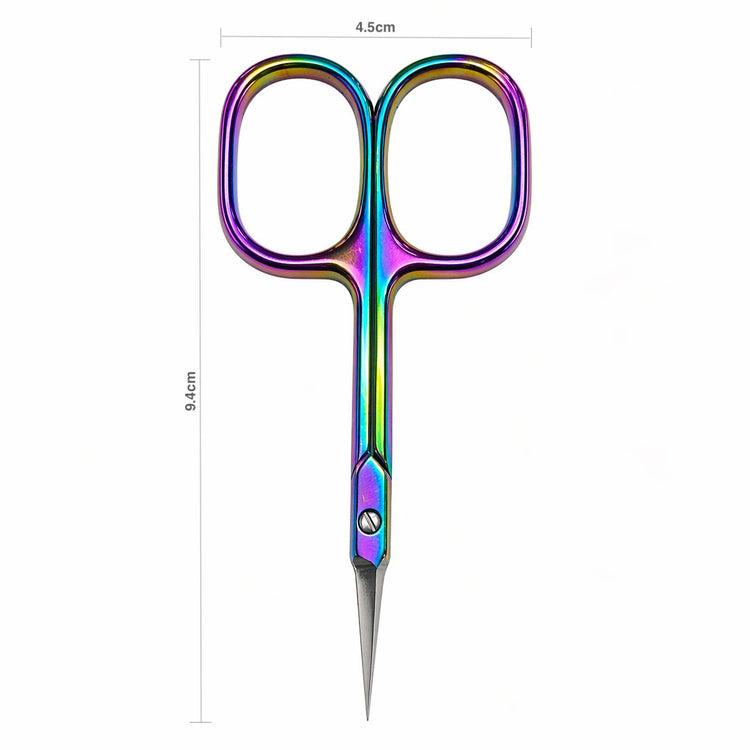 Rainbow precision cuticle scissors with size measurements shown, 9.4 cm tall and 4.5 cm wide