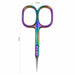 Rainbow precision cuticle scissors with size measurements shown, 9.4 cm tall and 4.5 cm wide