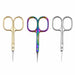 Gold, rainbow and silver precision cuticle scissors arranged side by side on a light gray background