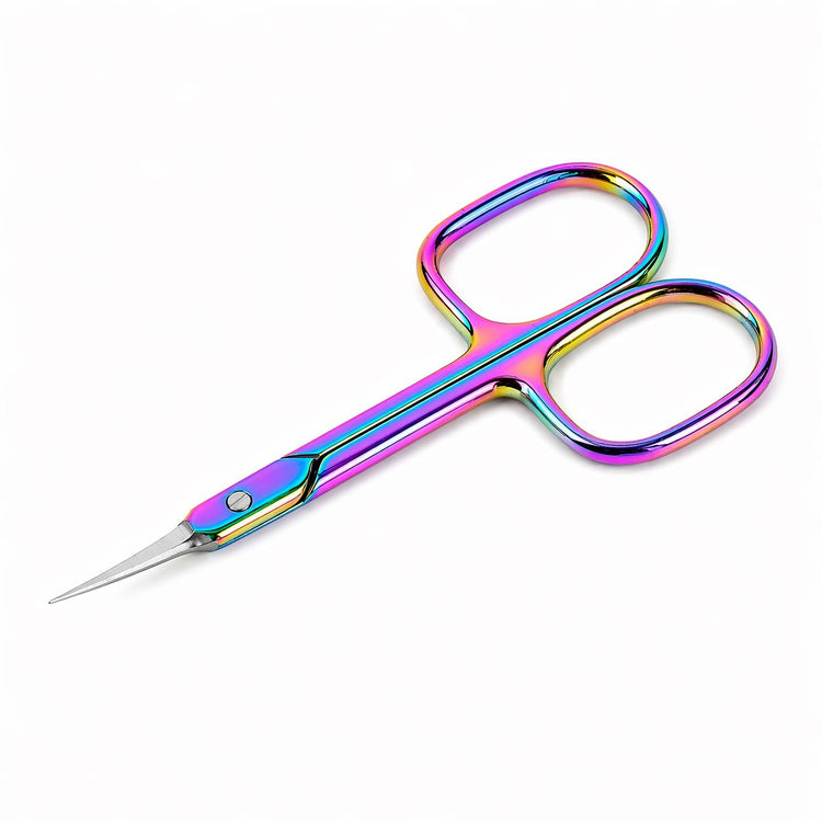 Rainbow precision cuticle scissors with fine pointed blades on a light gray background