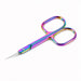Rainbow precision cuticle scissors with fine pointed blades on a light gray background