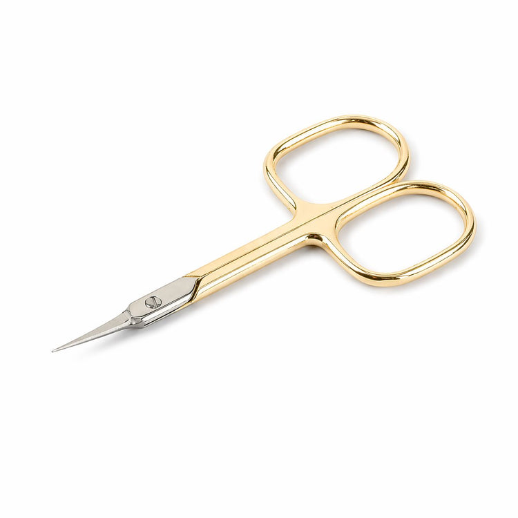 Gold precision cuticle scissors with fine pointed blades on a light gray background