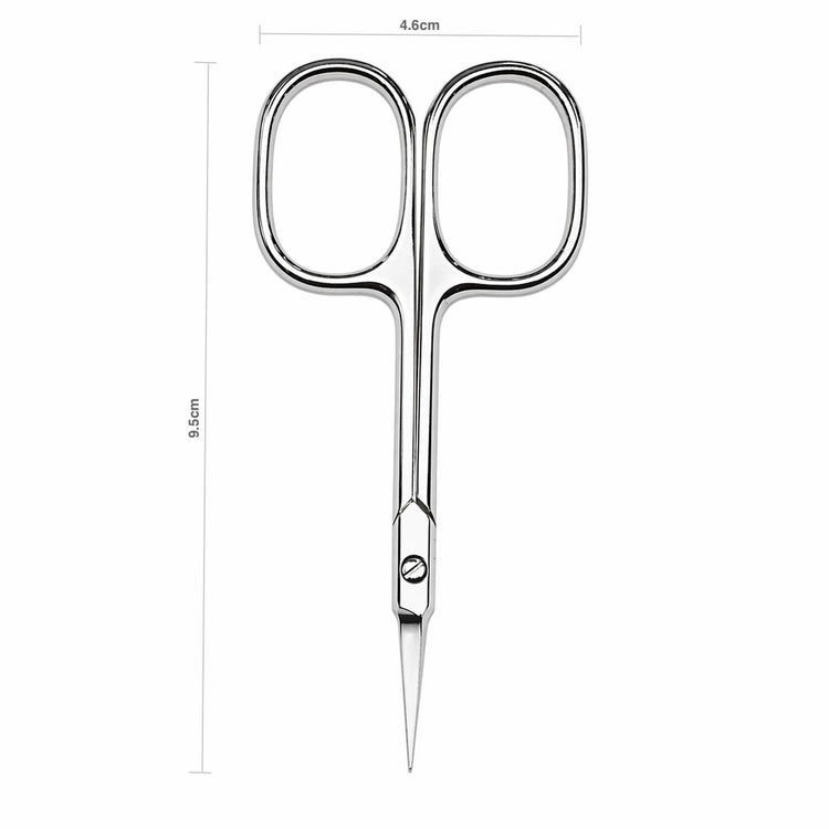 Silver precision cuticle scissors with size measurements shown, 9.5 cm tall and 4.6 cm wide