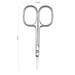 Silver precision cuticle scissors with size measurements shown, 9.5 cm tall and 4.6 cm wide