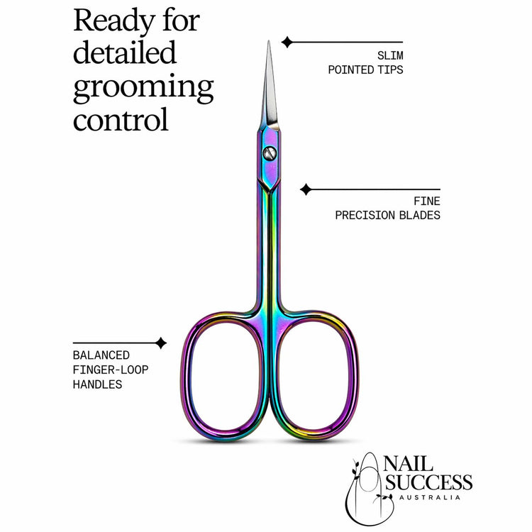 Infographic of rainbow precision cuticle scissors with callouts highlighting slim pointed tips, fine precision blades, and balanced finger-loop handles