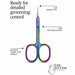 Infographic of rainbow precision cuticle scissors with callouts highlighting slim pointed tips, fine precision blades, and balanced finger-loop handles