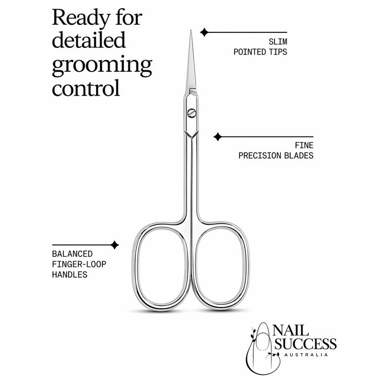 Infographic of silver precision cuticle scissors with callouts highlighting slim pointed tips, fine precision blades, and balanced finger-loop handles