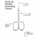 Infographic of silver precision cuticle scissors with callouts highlighting slim pointed tips, fine precision blades, and balanced finger-loop handles
