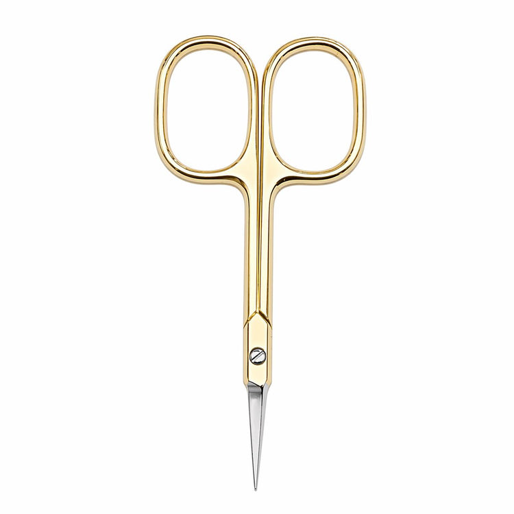 Gold precision cuticle scissors with fine pointed blades on a light gray background