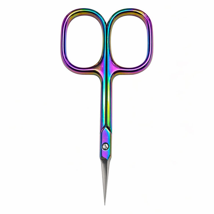 Rainbow finish precision cuticle scissors with fine pointed blades on a light gray background