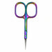 Rainbow finish precision cuticle scissors with fine pointed blades on a light gray background