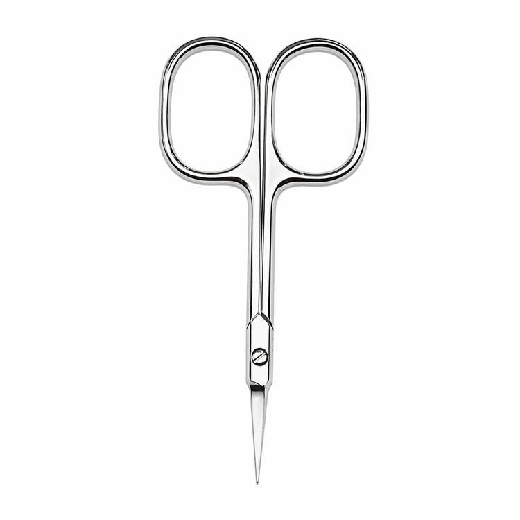 Silver precision cuticle scissors with fine pointed blades on a light gray background