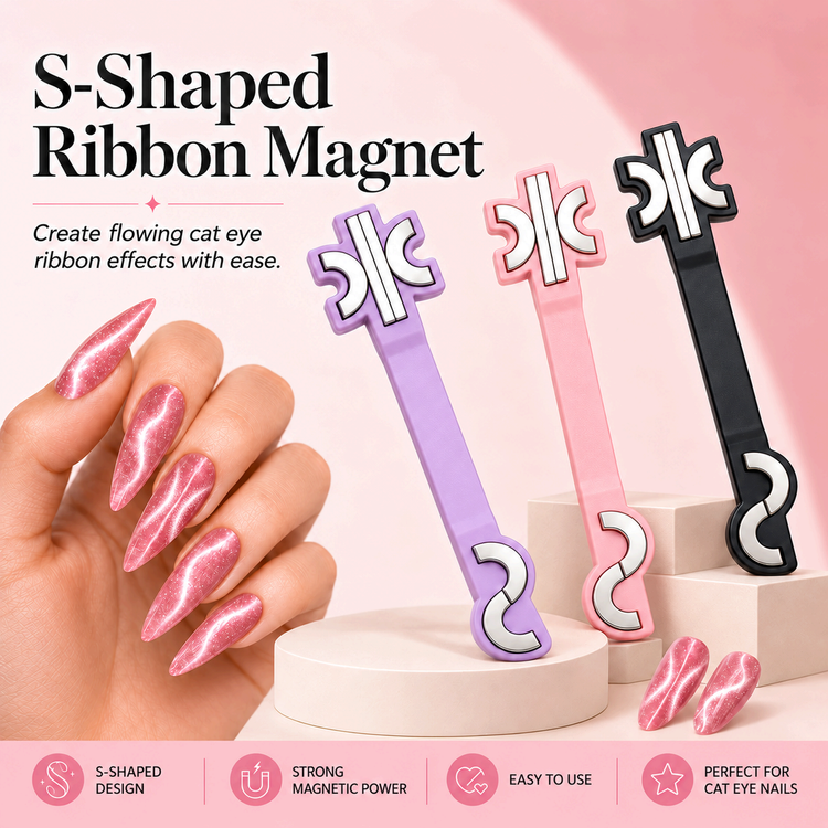 S-Shaped Ribbon Cat Eye Magnet Tool in purple, pink and black beside pink stiletto cat eye nails