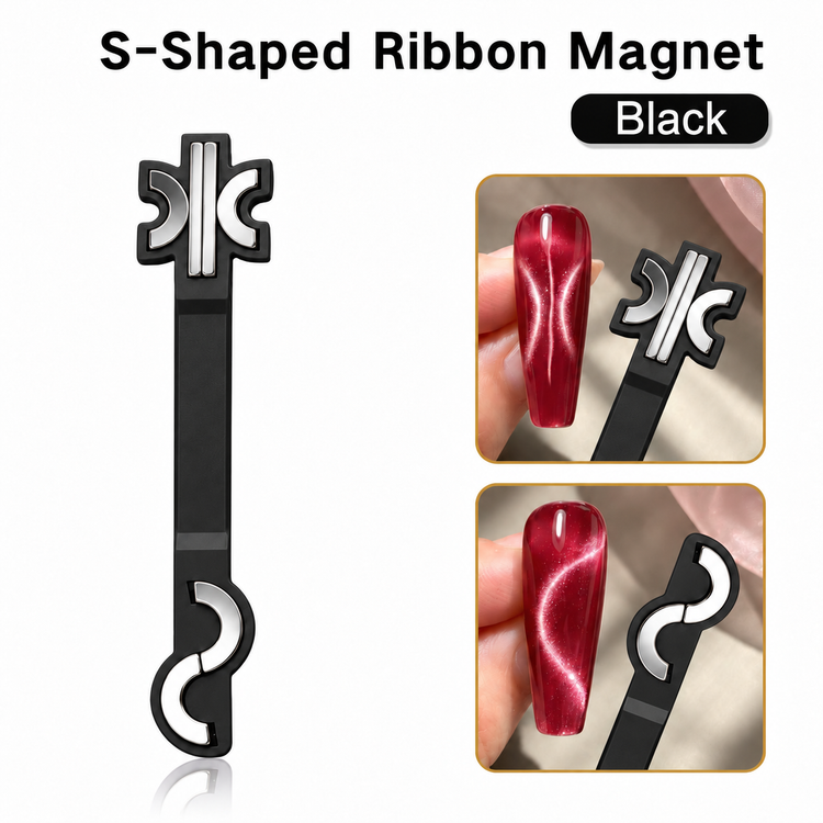 S-Shaped Ribbon Cat Eye Magnet Tool, black, alongside two inset photos of the ribbon cat eye pattern