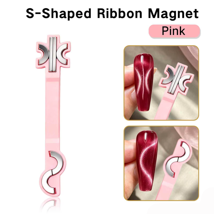 S-Shaped Ribbon Cat Eye Magnet Tool, pink, standing upright with two demo nail close-ups showing ribbon effect