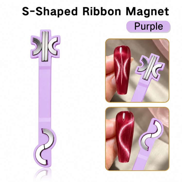 S-Shaped Ribbon Cat Eye Magnet Tool, purple, beside inset close-ups of ribbon effect on deep burgundy nails