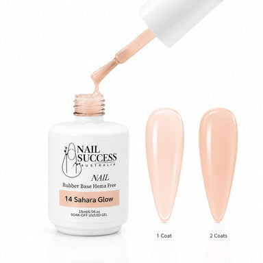 Sahara Glow Rubber Base Gel - open bottle with brush and swatches