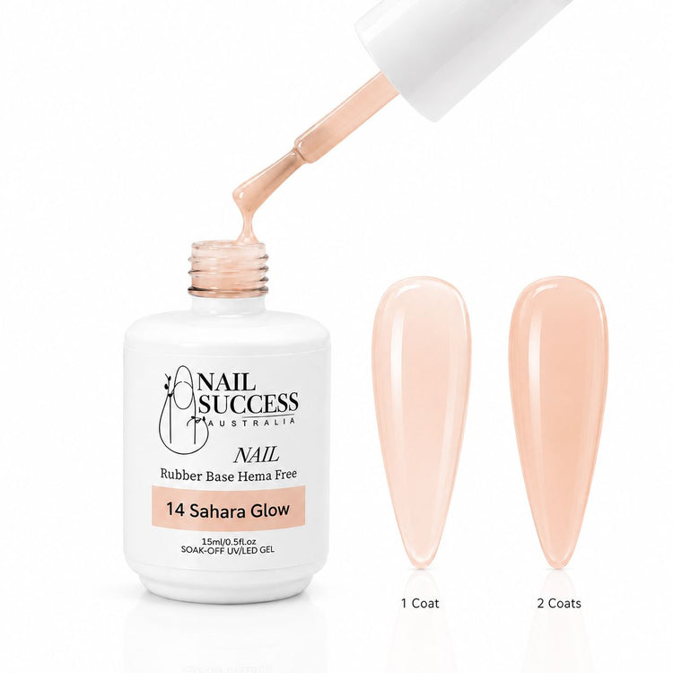 Sahara Glow Rubber Base Gel - open bottle with brush and swatches