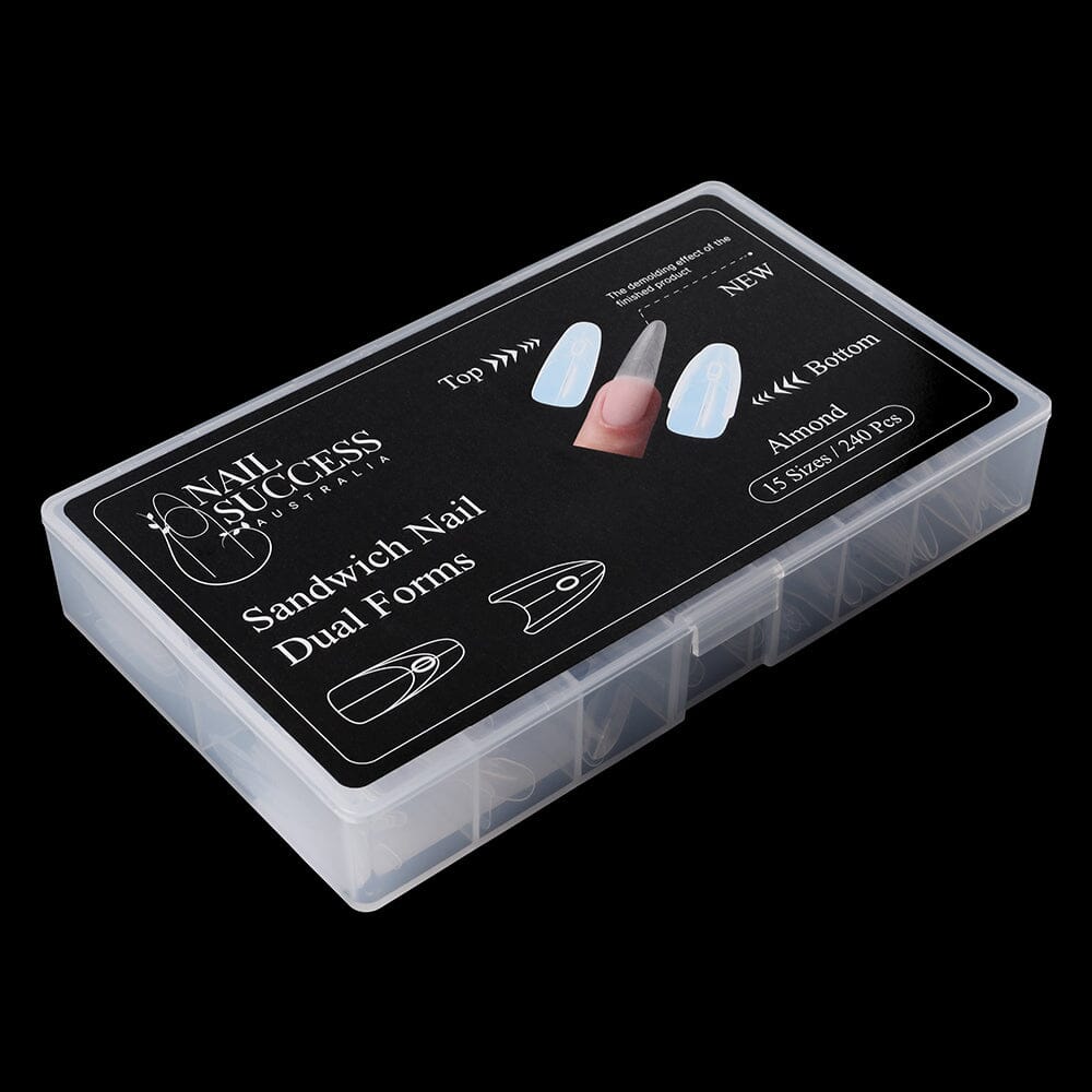 NSI Australia Sandwich Nail Dual Forms — almond shape top & bottom molds, 15 sizes (240 pcs) packaging box