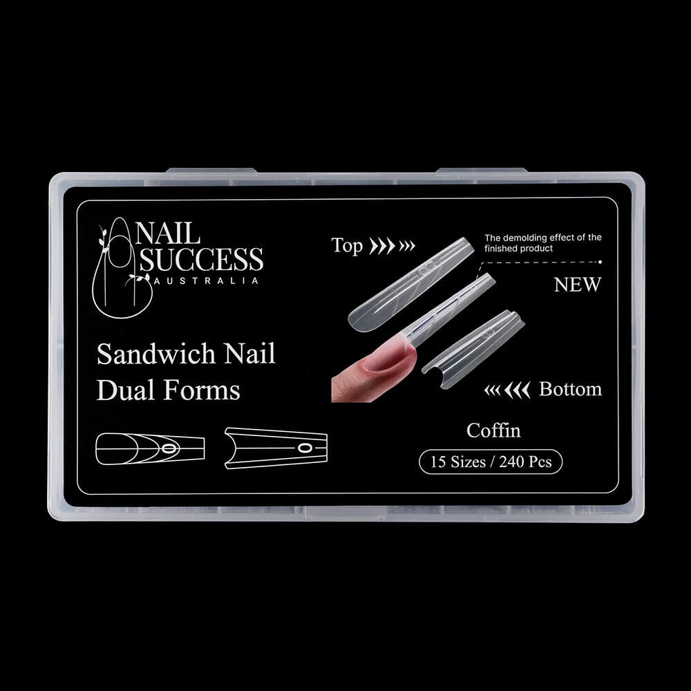 NSI Australia Sandwich Nail Dual Forms — coffin shape kit, 15 sizes (240 pcs), front box label showing top & bottom molds