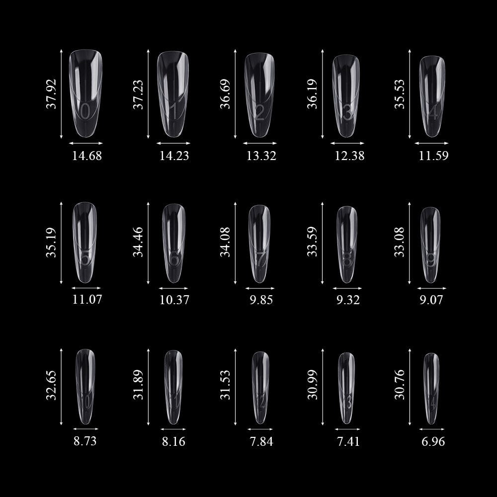 NSI Australia Sandwich Nail Dual Forms size chart — coffin shape, 15 sizes 0–14 with lengths ~31–38 mm and widths ~7.0–14.7 mm