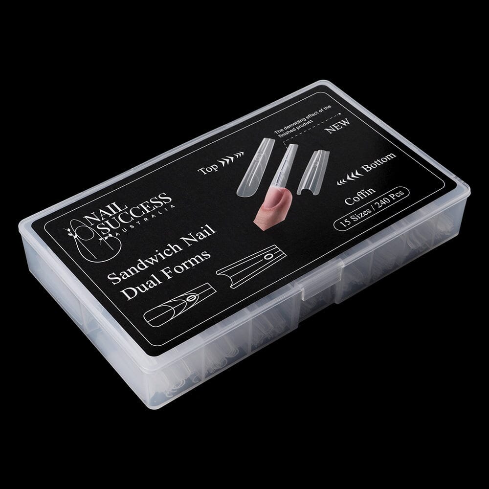 NSI Australia Sandwich Nail Dual Forms — coffin shape top & bottom molds, 15 sizes (240 pcs) boxed kit
