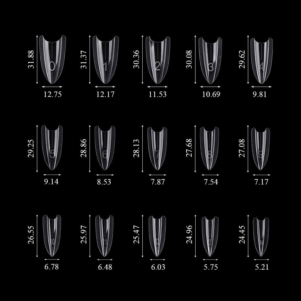 NSI Australia Sandwich Nail Dual Forms size chart — almond shape, 15 sizes 0–14 with lengths ~24–32 mm and widths ~5.2–12.8 mm