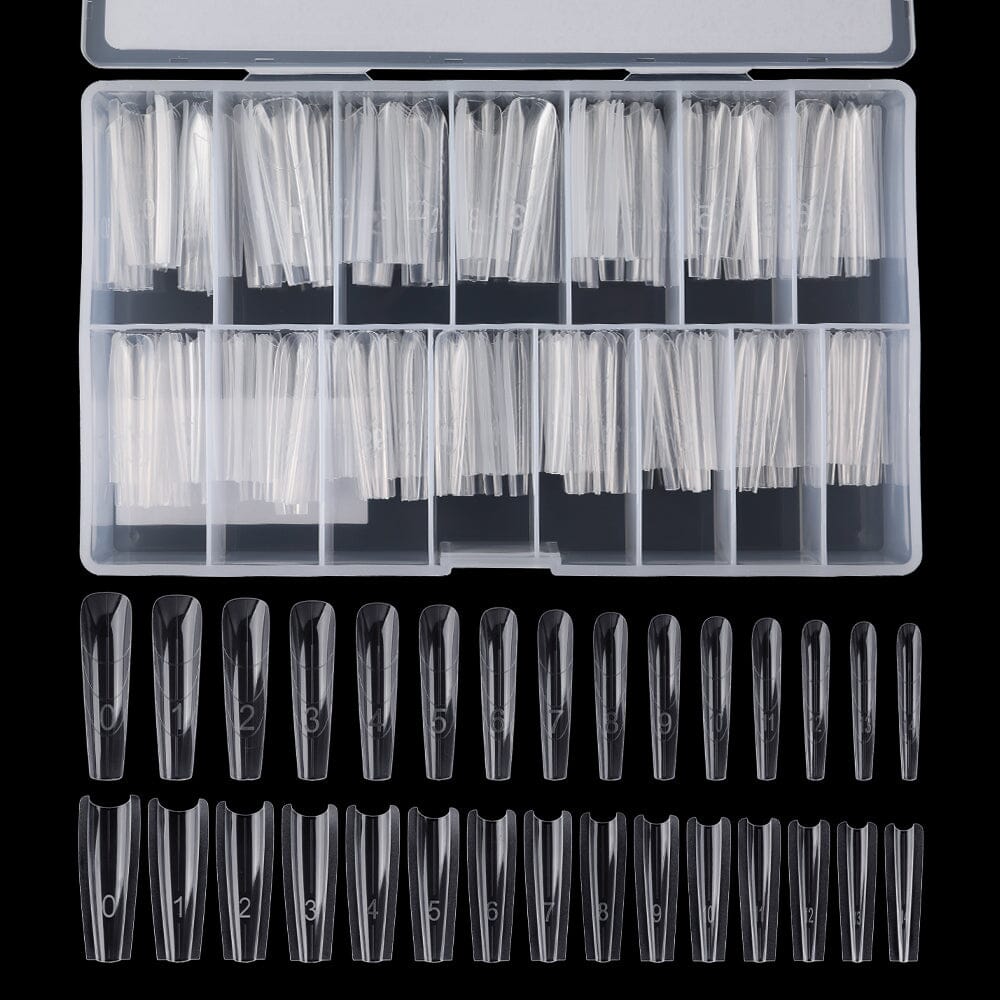 V-cut clear top & bottom molds in storage case, numbered sizes 0–9 for sculpted extensions