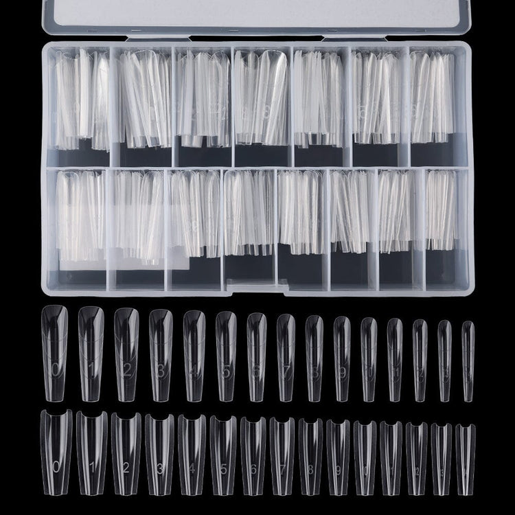 V-cut clear top & bottom molds in storage case, numbered sizes 0–9 for sculpted extensions