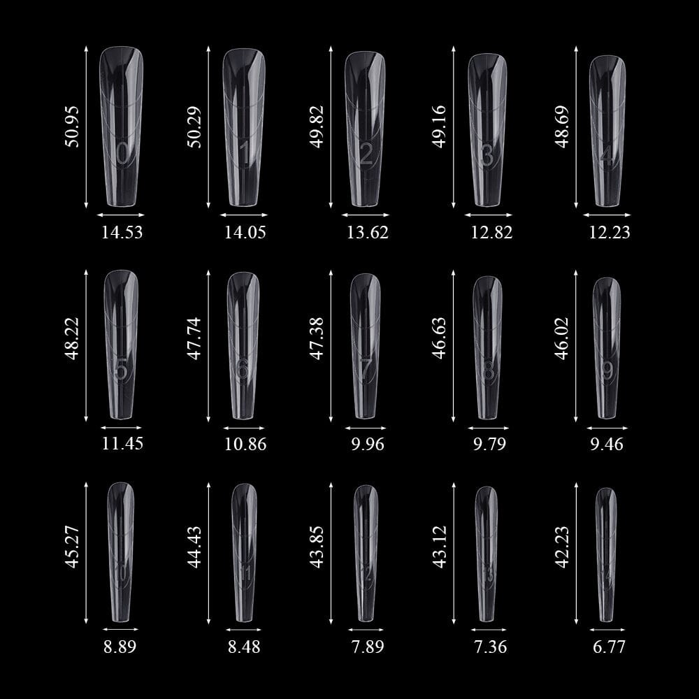 NSI Australia Sandwich Nail Dual Forms size chart — coffin shape, 15 sizes 0–14 with lengths ~42–51 mm and widths ~6.8–14.5 mm