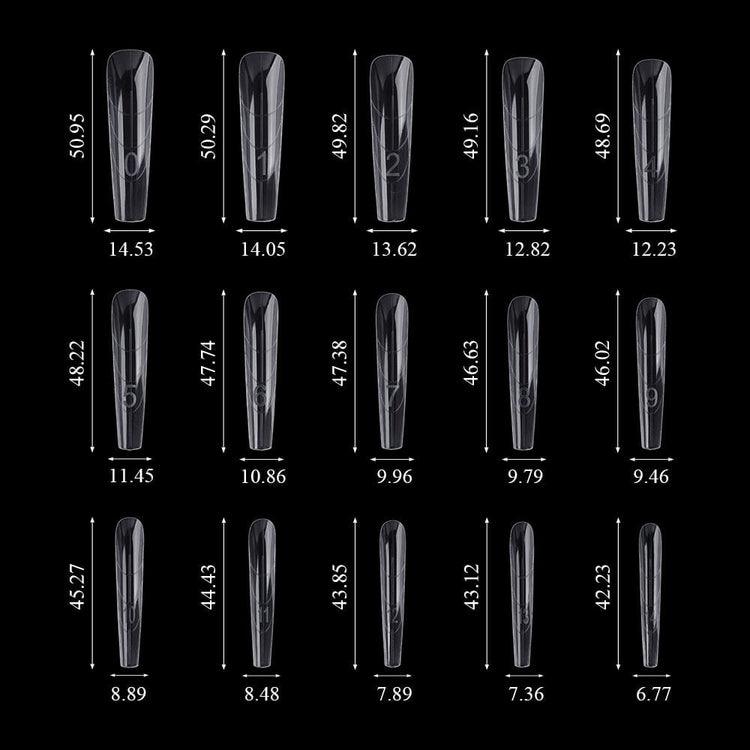 NSI Australia Sandwich Nail Dual Forms size chart — coffin shape, 15 sizes 0–14 with lengths ~42–51 mm and widths ~6.8–14.5 mm