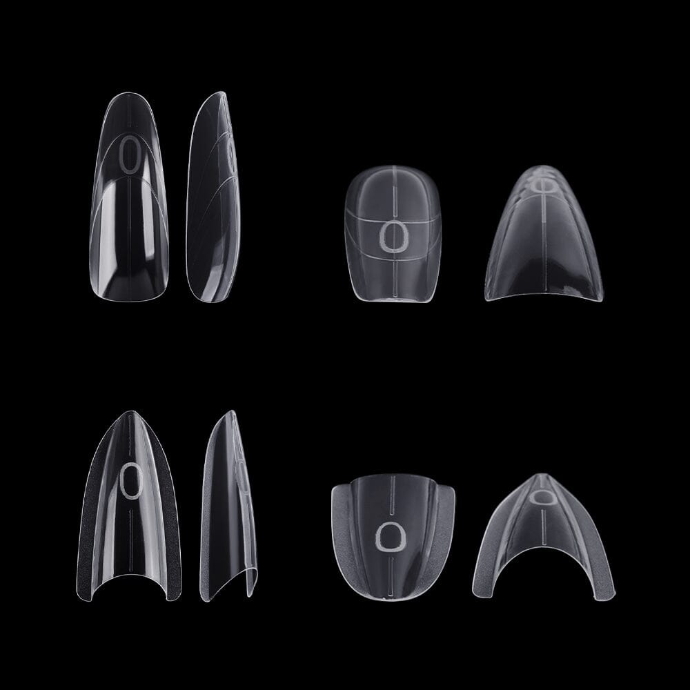 NSI Australia Sandwich Nail Dual Forms — clear top & bottom molds shown in coffin and almond shapes (front, side, and cross-section views, size 0)