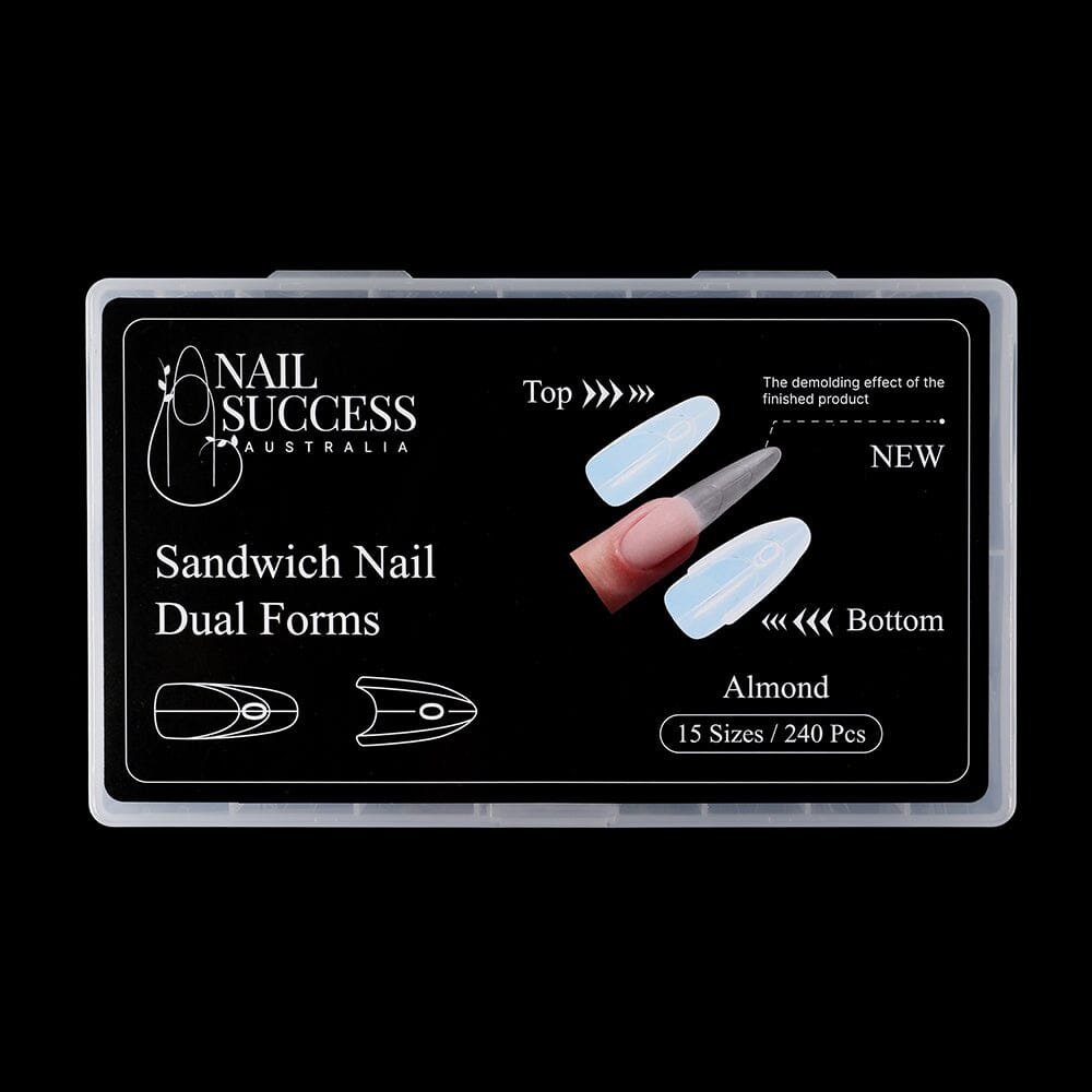 NSI Australia Sandwich Nail Dual Forms — almond shape kit, 15 sizes (240 pcs) front box label