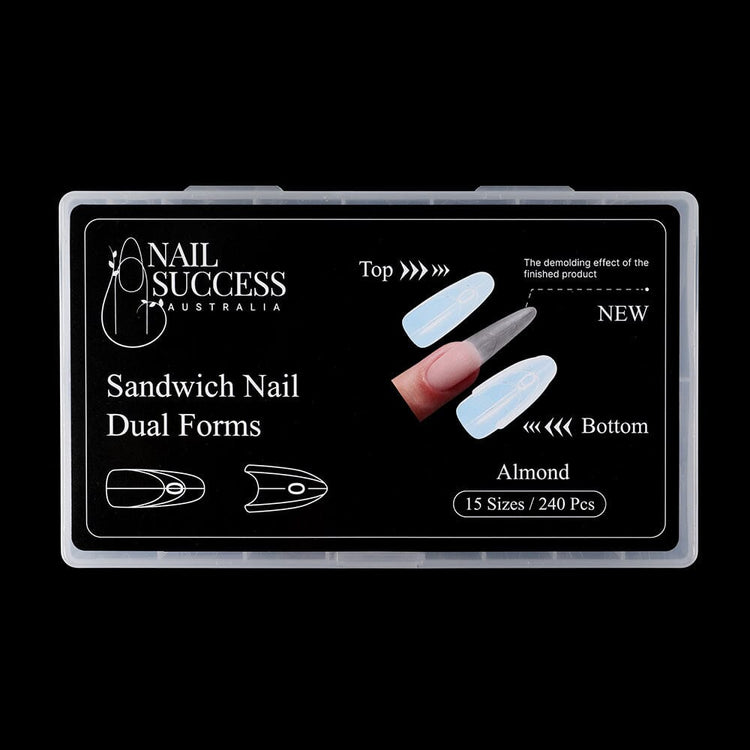 NSI Australia Sandwich Nail Dual Forms — almond shape kit, 15 sizes (240 pcs) front box label
