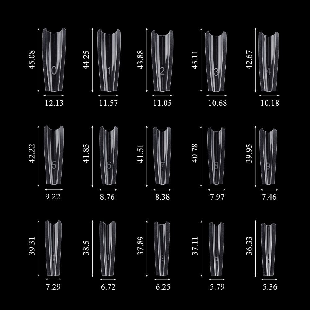 V-cut clear molds, 15 sizes 0–14 with lengths ~36–45 mm and widths ~5.4–12.1 mm