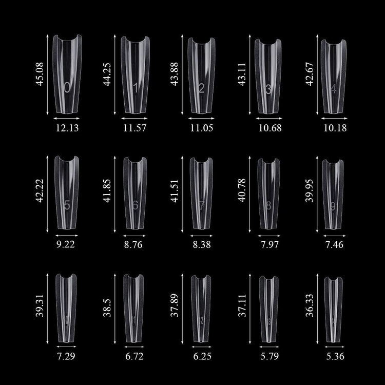 V-cut clear molds, 15 sizes 0–14 with lengths ~36–45 mm and widths ~5.4–12.1 mm