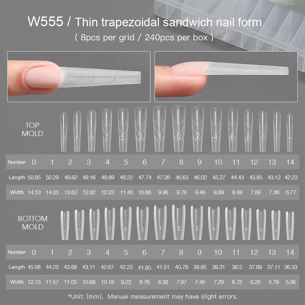 NSI Australia Coffin Sandwich Nail Dual Forms W555 – clear thin trapezoidal top & bottom molds, sizes 0–14 with size chart, 240 pcs