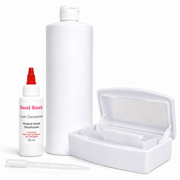 Sani Soak disinfectant cleaning system pack with 60ml super concentrate, mixing bottle, dropper and sterilizer tray, NSI Australia