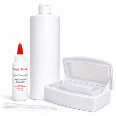 Sani Soak disinfectant cleaning system pack with 60ml super concentrate, mixing bottle, dropper and sterilizer tray, NSI Australia