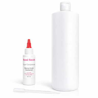 Sani Soak disinfectant cleaning system pack with 60ml concentrate, refill bottle and dropper