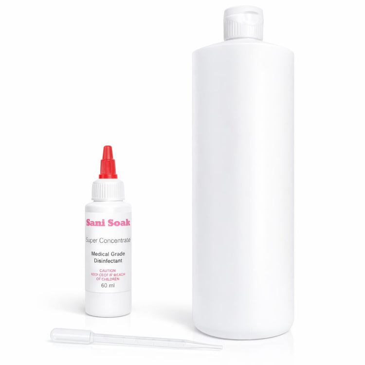 Sani Soak disinfectant cleaning system pack with 60ml concentrate, refill bottle and dropper