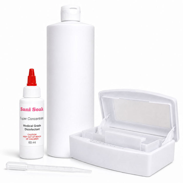 Sani Soak disinfectant cleaning system pack with 60ml concentrate, mixing bottle, dropper and sterilizer tray, NSI Australia