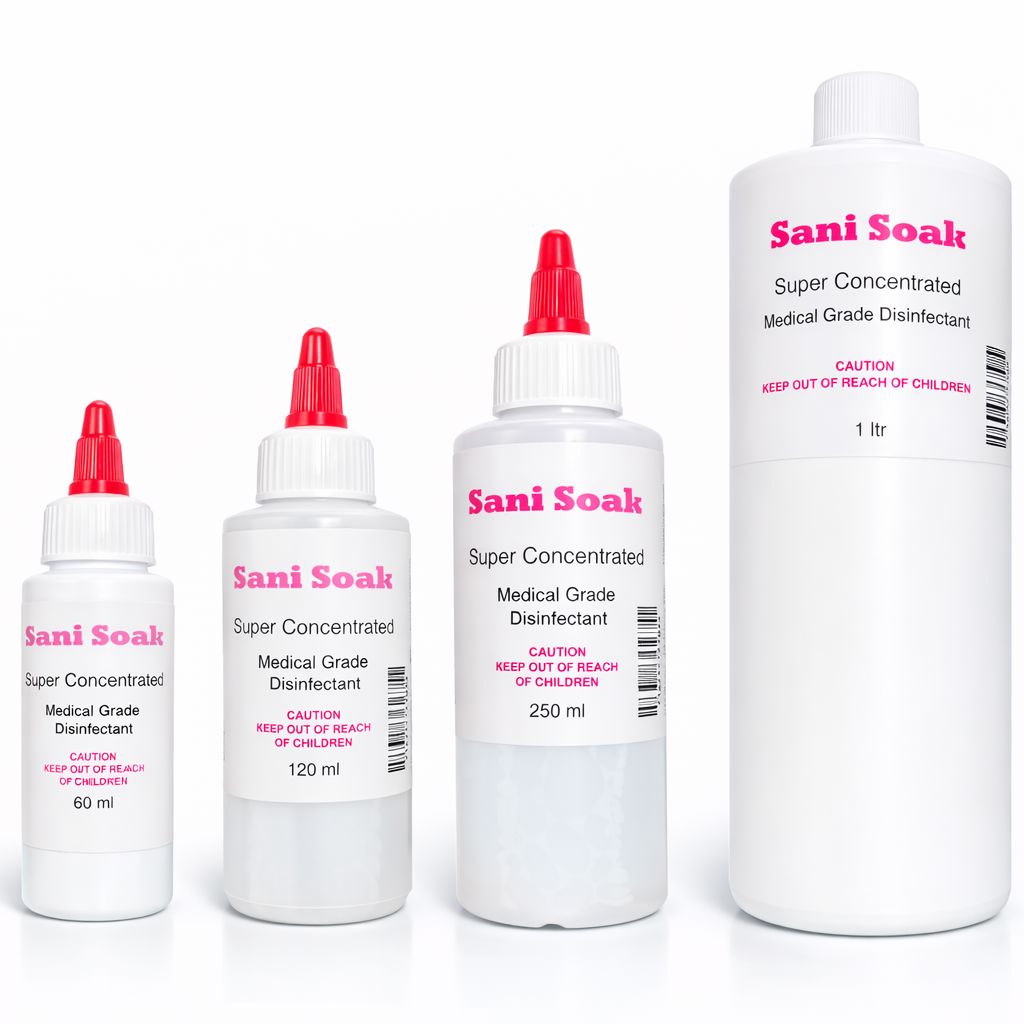 Sani Soak super concentrated medical grade disinfectant range (60ml, 120ml, 250ml, 1L)