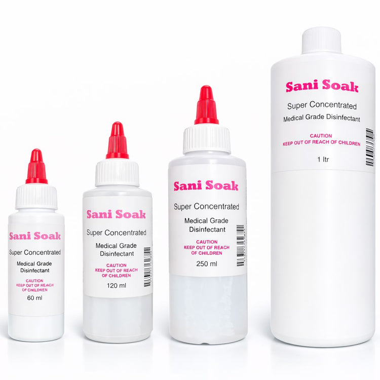 Sani Soak super concentrated medical grade disinfectant range (60ml, 120ml, 250ml, 1L)