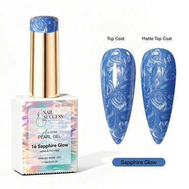Sapphire Glow Aurora Pearl Gel Polish with blue pearl shimmer swatches in top coat and matte finish